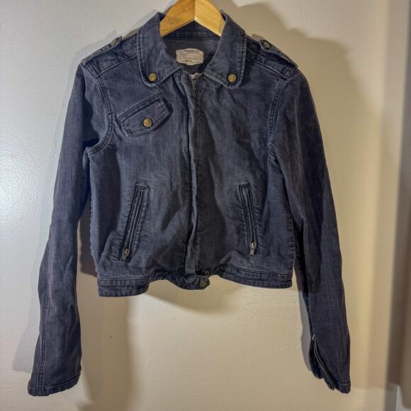 Current/Elliott Zip Moto Jacket in 'Ebony' Denim Cropped Biker sz 3 (Large) - Picture 1 of 7